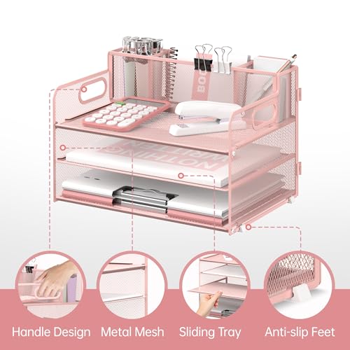 3-Tier Desk Organizer with Pen Holder and Handles, Paper Organizer, Pink - color: Pink