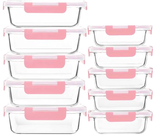 M MCIRCO 10 Pack Glass Food Storage Containers with Lids, Pink - color: pink