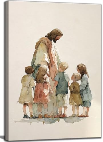 Jesus Children Canvas Wall Art Watercolor Jesus Child Painting Decor Pictures Nursery Christian God Posters Prints for Dining Living Prayer Room Kitchen Church Wall Bedroom Decoration - color: watercolor, size: 16"L x 12"W