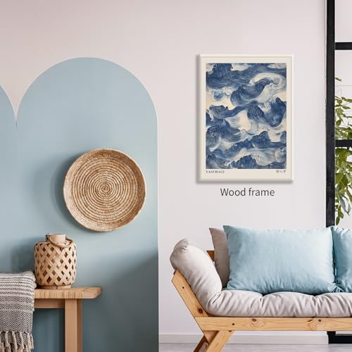 Japanese Blue Waves Wall Art Vintage Oriental Japandi Wabi Sabi Poster 08x10 inch Framed Abstract Giant Waves Canvas Prints for Minimalist Living Room Wall Decor - color: Trendy 3-WFramed, size: 10"L x 8"W