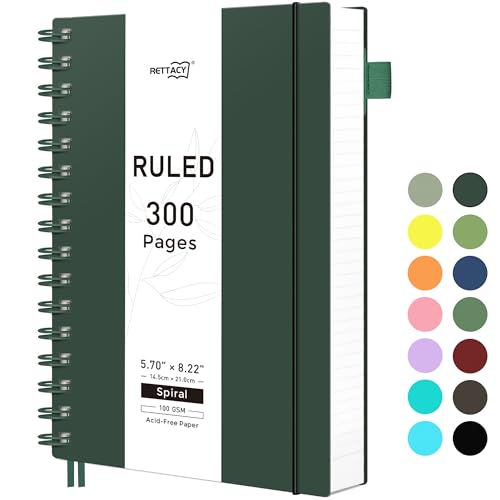 RETTACY Spiral College Ruled Notebook, 300 Pages, A5 Size (5.7" x 8.2") - color: Deep Green, size: 5.7" x 8.2"
