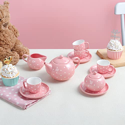 fanquare Porcelain Tea Service Set for Girls Women, 12Pieces Pink and Polka Dot Tea Sets with Box for Holiday Gifting Party - color: Pink Dots