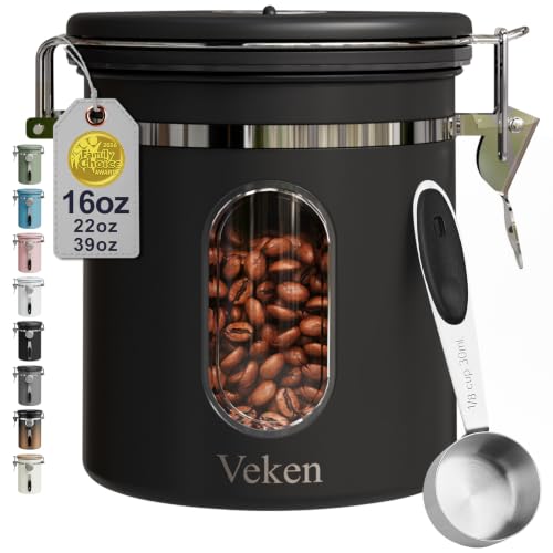 Veken Coffee Canister with Window,Airtight Stainless Steel Container,16OZ - color: Black, size: 16 oz