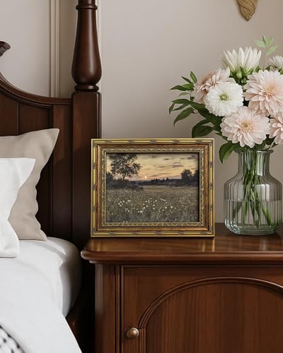 Vodefoad Vintage Firefly Field Landscape Gold Framed Wall Art, Evening Countryside Scene, Glowing Firefly Field Under a Moody Evening Sky, Retro Rustic Botonical Fall Wall Decor for Rustic Homes, Countryside Decor, or Moody Wall Art Lovers - 9x12Inch - co