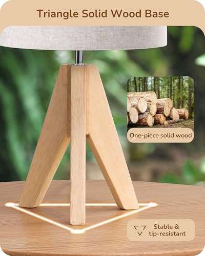EDISHINE Small Table Lamp, Boho Bedside Lamp, Linen Fabric Shade, 14.2 Inch - color: Natural Wood&Beige Shade