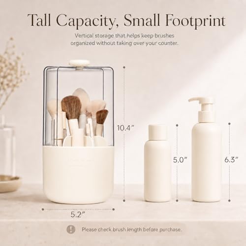 EACHY Makeup Brush Holder with Lid, Rotating Makeup Brush Organizer, Beige - color: Beige