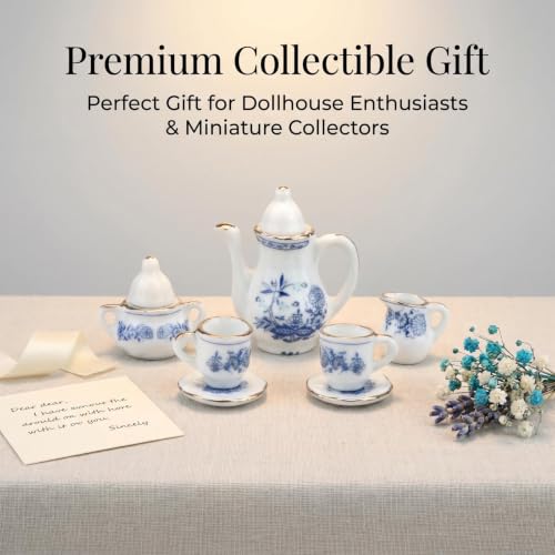 Miniature Tea Set 1/6 Scale Dollhouse Accessories Porcelain Blue Flower - color: Blue