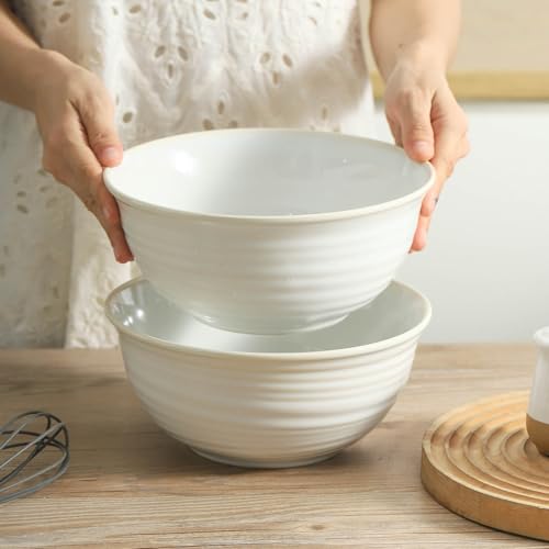 HASENSE Ceramic Serving Bowls, 8.3 Inch Large Soup Bowls for Kitchen, 60 Ounces Salad Bowls for Fruit, Ramen, Pasta, Pho, Microwave Dishwasher Safe, Set of 2, Clay-Infused White - color: Clay-Infused White, size: 65 Ounce