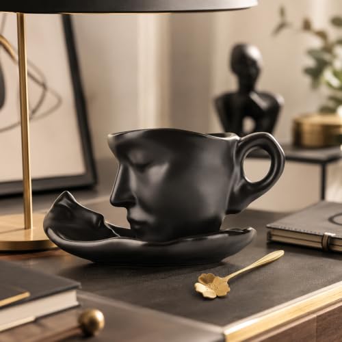 Tea Cup and Saucer Set Ceramic Kissing Couple Coffee Mug Set With Spoon Face Coffee Cup Unique Teacup and Saucer Valentine's Day Christmas Creative Gift - color: Black