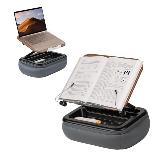 Rimkoo 3-in-1 Lap Desk for 15.6" Laptop, Reading Book & Tablet, Elevated Pillow Stand with Storage & Dark Wood Panel, Adjustable Multi-Angle Beanbag Holder for Bed, Couch & Sofa