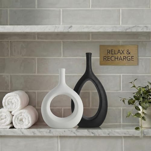 Black and White Ceramic Hollow Elliptical Vase Set of 2 - Boho Circle Vase with Hole, for Modern Black and White Table Decor, Living Room Decor Shelf mid Century Modern Home Entrance Decorative vase - color: Big Black Little White