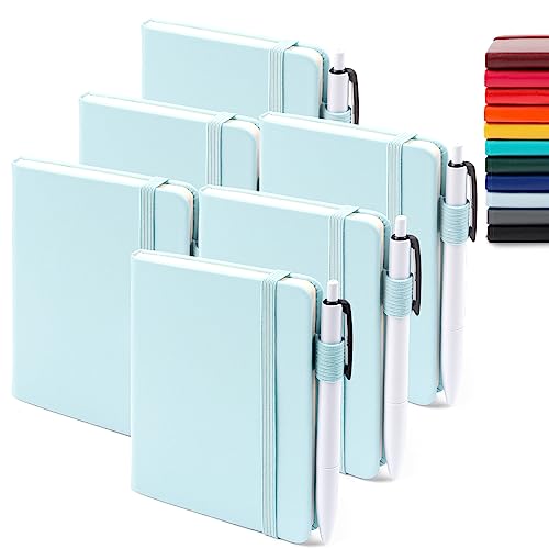 feela 6 Pack Pocket Small Notebooks Bulk, Mini Cute Memo Notepads Hardcover College Ruled Lined Journals with Pen Holder for Women Girls Office School, with 6 Black Pens, 3.5”x 5.5”, A6, Sky Blue - color: 6 Sky Blue