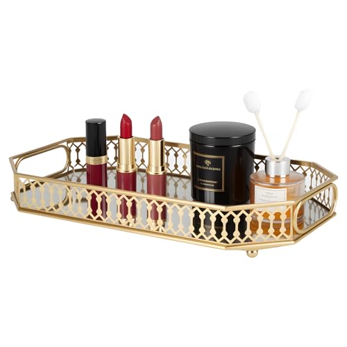 Mirrored Perfume & Makeup Vanity Tray - Hollow-Out Jewelry Storage, Gold Metal & Glass Trinket Organizer for Dresser & Bathroom Countertop, 11.3" Small Size - size: 11.3" x 7" x 2"