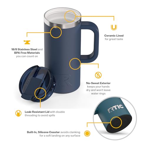 RTIC 16oz Road Trip Travel Mug with Lid and Handle, Ceramic Lined, Navy - color: Navy, size: 16 Ounces