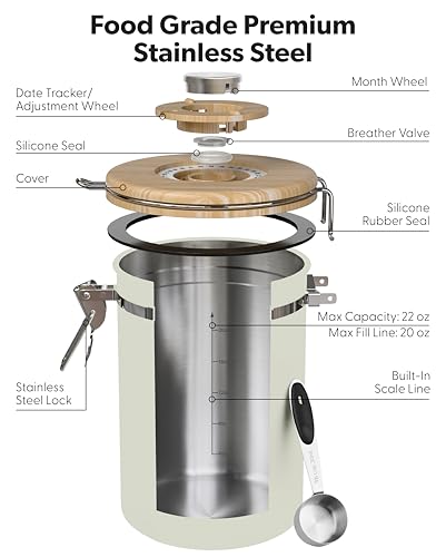 Veken Coffee Canister with Window, Airtight Stainless Steel Container, 22OZ - color: Cream, size: 22 oz