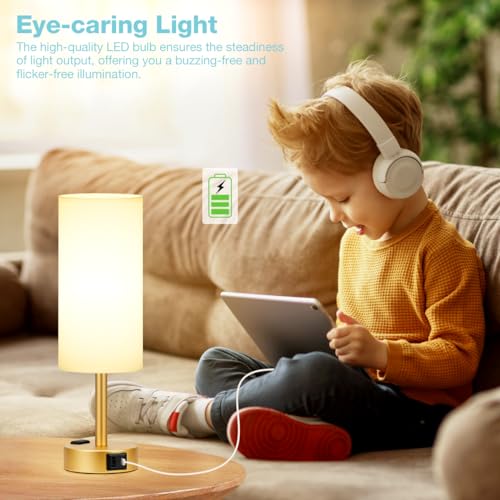 Fenmzee Gold Bedside Lamp for Bedroom, Dimmable Touch, USB A+C, AC Outlet - color: White - Gold, size: 14"