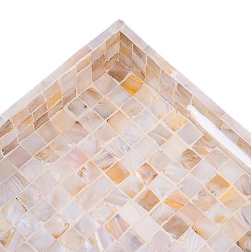 PEMAR Handcrafted Mother of Pearl Decorative Tray with Handles - 12" Square Mosaic Inlay Organizer for Coffee Table, Ottoman, Vanity & Bathroom - Luxury Coastal Home Decor (White Cream Squares) - color: White Squares