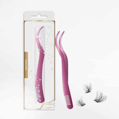 2 in 1 Lash Tweezer with Comb, Stainless Steel Elbow Tweezers, Eyelash Extension, Precise Eyebrow Tweezers Tool, Lashes Tweezer Applicator for DIY Applying False Eyelashes Clusters, Rose - color: Pink