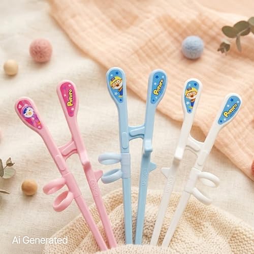 Edison Pororo Training Chopsticks, 2 Step Beginner Learning Chopsticks, BPA-Free Plastic, Korean Food, Japanese Food, Sushi, Dishwasher Safe, Blue, Made in Korea (Right Hand)