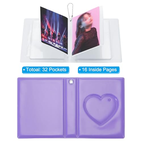 PATIKIL 3 Inch Mini Kpop Photocard Binder 2.5"x3.5" Album with 32 Pockets Small Bookshelf Love Heart Picture Holder Book for Collection, Purple - color: Purple