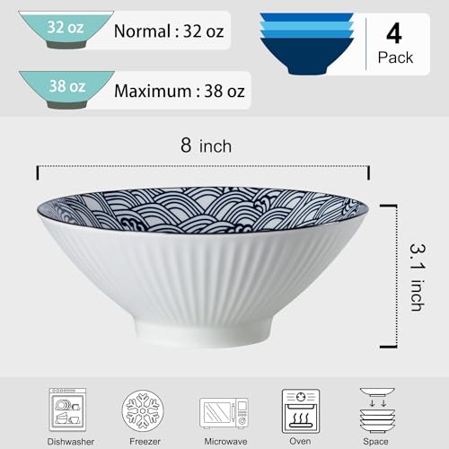 38 oz Japanese Ramen Bowls Set of 4, Large Pho Bowls, 8 Inch Ceramic Blue and White Soup Bowls, Wave Pattern - color: Wave Pattern