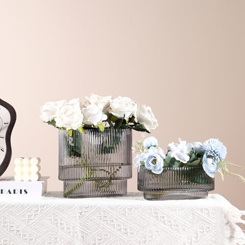 Short Glass Vases, Set of 2 Black Glass Vases for Tulips, Ribbed Vase for Flowers, Modern Small Vase for Living Room, Dining Room, Bathroom, Desk, Shelf, Wedding, Office - color: Gray, size: Oval x2