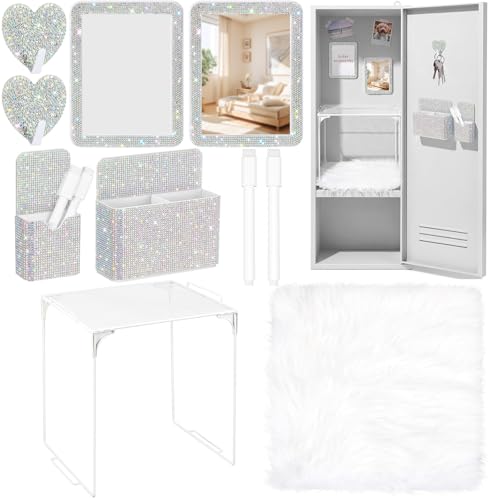 AB Color Bling Locker Accessories Kit for Teen Girls, 10 Pcs Rhinestone Back to School Locker Decor Set with Magnetic Mirror, Whiteboard, Magnetic Pen Holder, Shelf & Rug, School Essentials Gift - color: AB Color