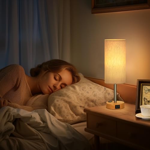 Fenmzee Bedside Table Lamp Set of 2 - Dimmable Touch, USB A+C, AC Outlet - color: Cream - Wood Grain 2, size: 14"