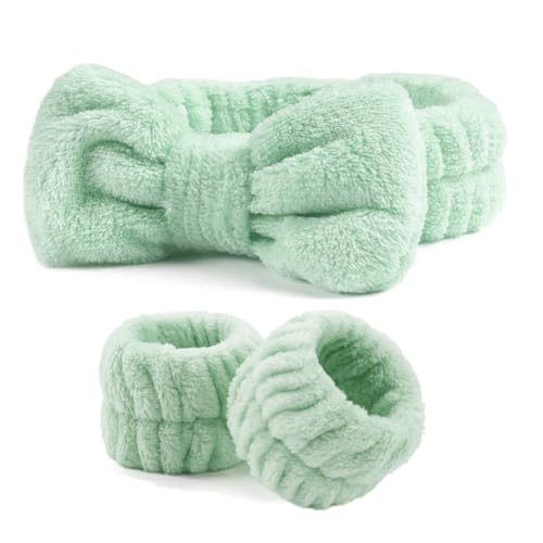 Ayesha Spa Headband and Wristband Set for Washing Face Skincare Makeup - color: Green set