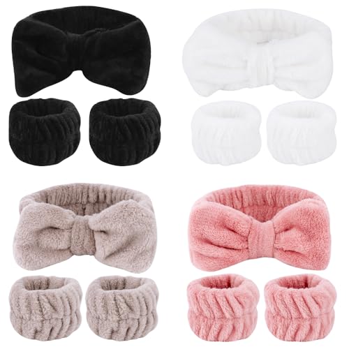 SPA Headbands for Washing Face Makeup Headbands with Bow Hair Band Women Facial Head Band Wrist Towel Wraps For Shower Face Mask Black Pink White, 12 Pack - color: Black Pink White