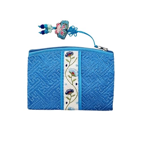 Seoulful Vintage Korean Embroidered Card Pouch - Wildflower Design Coin Purse with Butterfly Charm - Traditional Korean New Year & Chuseok Gift (Light Blue) - color: Light Blue
