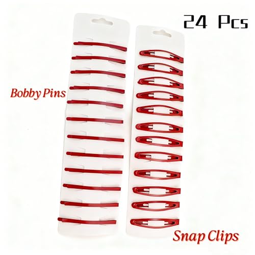 24 Pcs Solid Red Barrettes Set, Stylish Bobby Pins & Snap Clips, Cute Anime Hair Clips, Cosplay Hair Accessories Costume Props