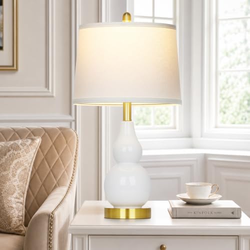 Rinweey 25" White Double Gourd Ceramic Lamps Set of 2, Modern Bedside Lamps - color: White - 25"H