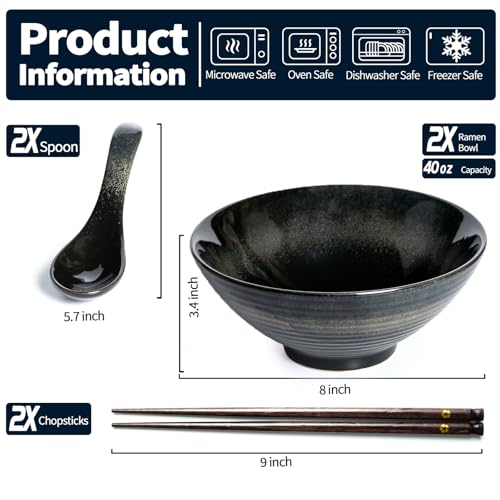 40 oz Ceramic Ramen Bowl Set of 2, Ramen Noodle Bowl with Spoons and Chopsticks 8 Inch Japanese Retro Style Large Soup, Pho, Udon Bowls, Microwave & Dishwasher Safe, Black - color: Black