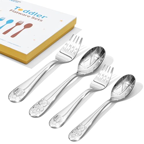 KINGSTONE 4 Pcs Toddler Utensils Gift Set, Stainless Steel, Honey Bear - color: Honey Bear, size: 4-Piece (Large & Small)