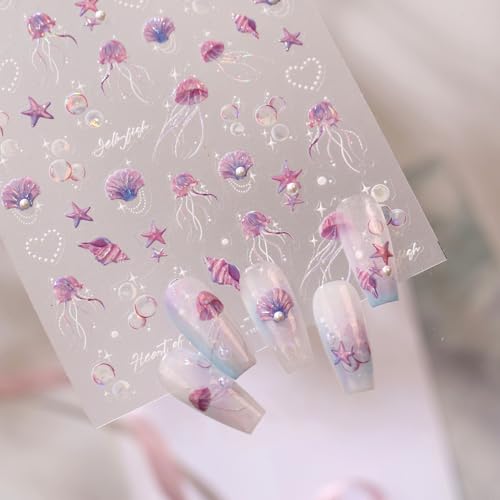 5D Embossed Under The Sea Stickers for Nail Art Jelly Fish Self-Adhesive Nail Art Decals for Women Nail Supplies Art Design Stickers (TL-483) - style: TL-483