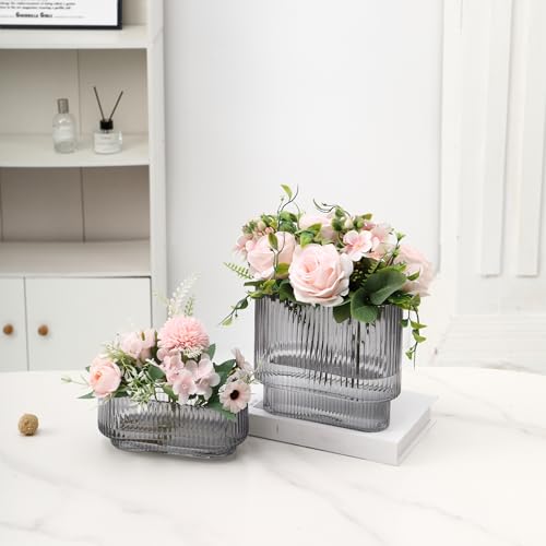 Short Glass Vases, Set of 2 Black Glass Vases for Tulips, Ribbed Vase for Flowers, Modern Small Vase for Living Room, Dining Room, Bathroom, Desk, Shelf, Wedding, Office - color: Gray, size: Oval x2