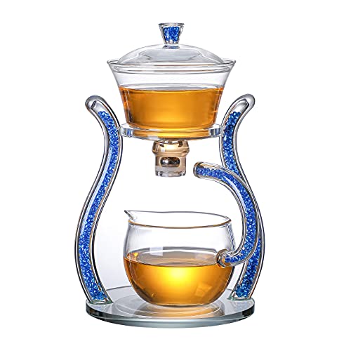 RORA Glass Teapot Set Semi Automatic Drip Rotating with Infuser Lazy Kungfu Tea pot Set (Blue) - color: Blue, size: teapot
