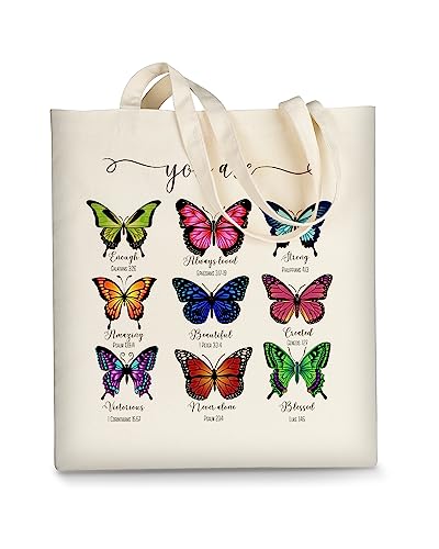 AUSVKAI Canvas Tote Bag Aesthetic Cute For Women College Grocery Bag Cotton Cloth Beach Totes Gift - color: You're Enough-butterfly