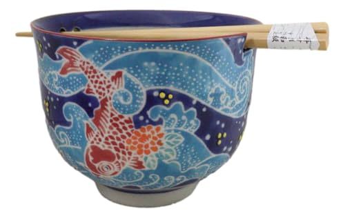 Ebros Gift Artistic Donburi Ramen Udon Noodles Soup Salad 5" D 18Oz Bowl With Bamboo Chopsticks And Built In Rest Set Asian Dining Kitchen Accent (Red Koi Fishes In Blue Waters) - color: Red Koi Fishes In Blue Waters