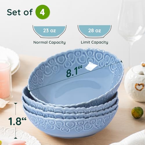 HOMBENE Heartbeat Pasta Bowls Set of 4, 28oz Salad Bowls Soup Bowl for Kitchen, Porcelain Wide and Shallow, Noodle, Soup, Pasta,Dinner, Microwave & Dishwasher Safe (Celestial Blue) - color: Celestial Blue, size: 28oz