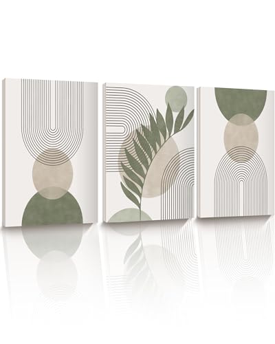 30x40CM Sage Green Boho Wall Art,Framed Canvas Bathroom Wall Art Pictures, Mid-Century Modern Wood Framed Abstract Prints for Bedroom,Minimalist Office Wall Decor 3Pack - color: Sage Green-Framed, size: 16"L x 12"W