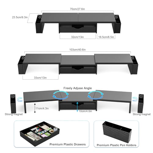 Spacrea Dual Monitor Stand Riser with Drawer and 2 Pen Holders - color: Black