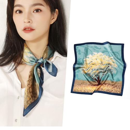 100% Pure Mulberry Silk Scarf women Scraf Small Square 21x21“ Lightweight Neckerchief horse print Dot Digital Red - color: 11#yellow Tree