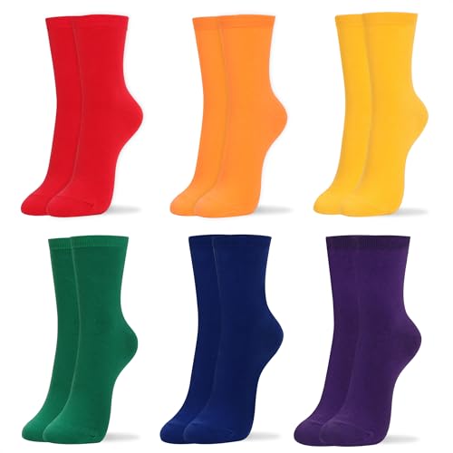 Womens Cotton Crew & Ankle Socks, Cute Floral Ruffle Colorful Tube Size 6-9 - color: Rainbow Solid