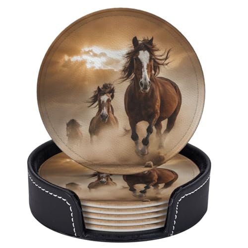 6 Pcs Leather Coasters for Drinks with Holder Two Running Horses Coaster Sets Drink Table Cup Coasters for Kitchen Coffee Decor - color: Two Running Horses