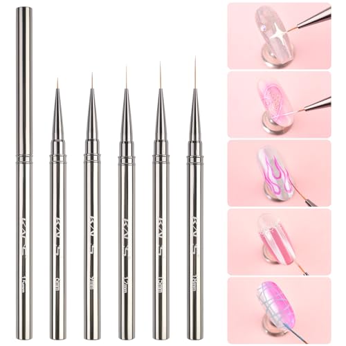 KADS Fine Liner Nail Brush Metal Handle Nail Painting Design Brush Drawing Pen 6mm 9mm 12mm 15mm 18mm (Set of 5Pcs) - color: Set of 5Pcs (All Sizes)