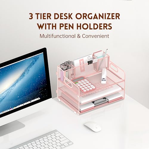 3-Tier Desk Organizer with Pen Holder and Handles, Paper Organizer, Pink - color: Pink