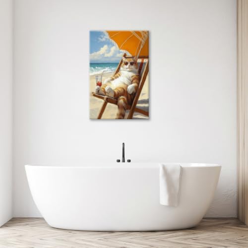 Funny Cat Beach Wall Art Cute Cat Ocean Canvas Wall Decor Coastal Kitten Pictures Paintings Prints Seaside Artwork Framed Seascape Decorations For Bathroom Bedroom Living Room Office Gifts 16" x 24" - color: Beach Cat, size: 24"L x 16"W