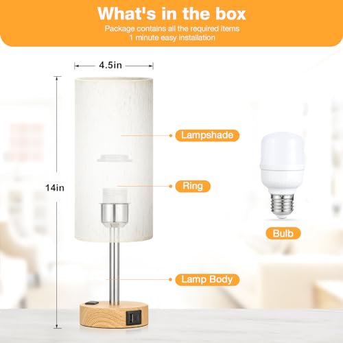 Fenmzee Bedside Table Lamp for Bedroom - Dimmable Touch, USB A+C, AC Outlet - color: Cream Shade-Wood Base, size: 14"
